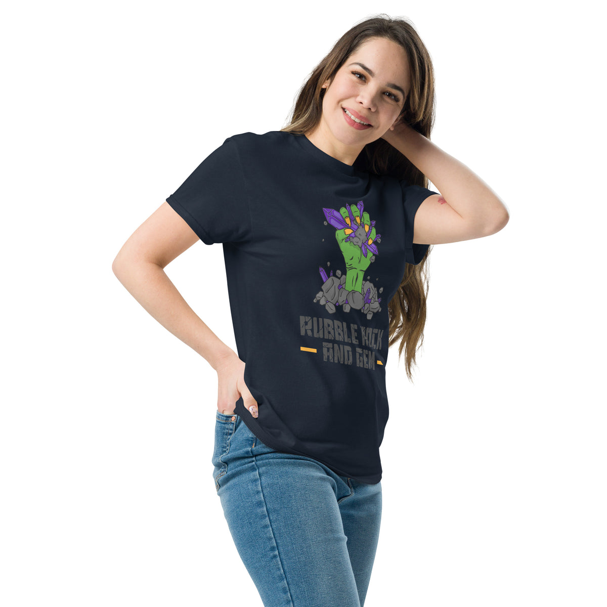 Rubble Rock and Gem classic logo tee – worn by woman, smiling