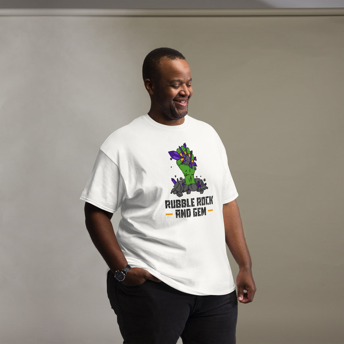 Rubble Rock and Gem classic logo tee – worn by man, arms at sides