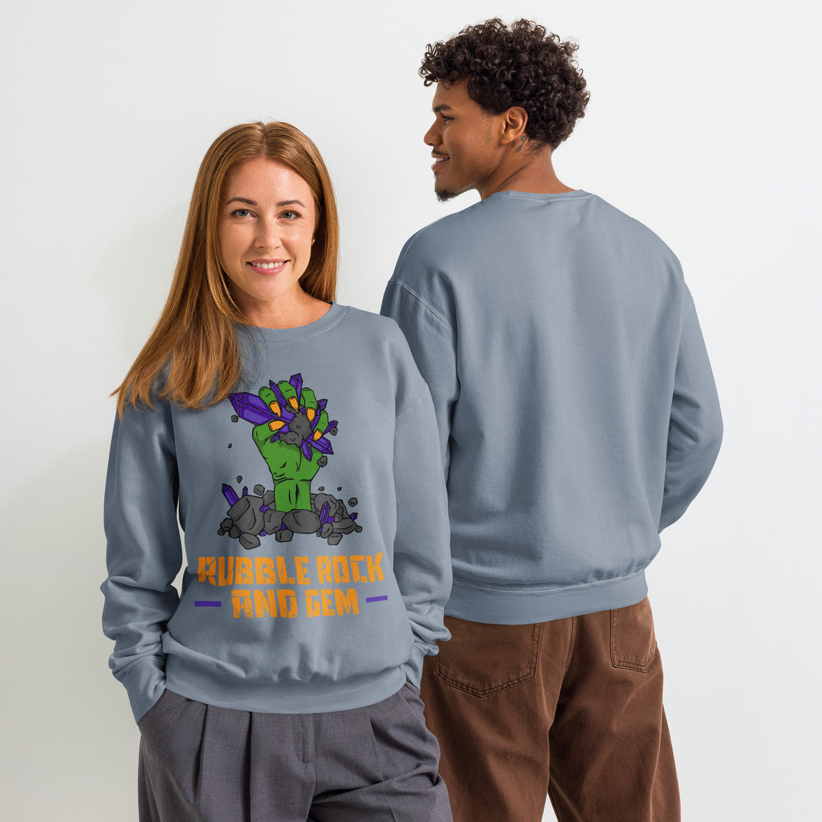 Unisex garment dyed fleece crewneck sweatshirt with the classic logo.