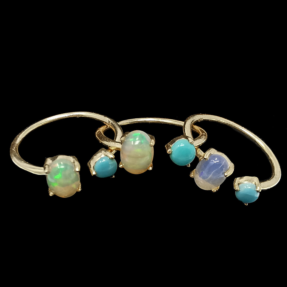 10kt gold plated opal and turquoise ring – three rings in a row