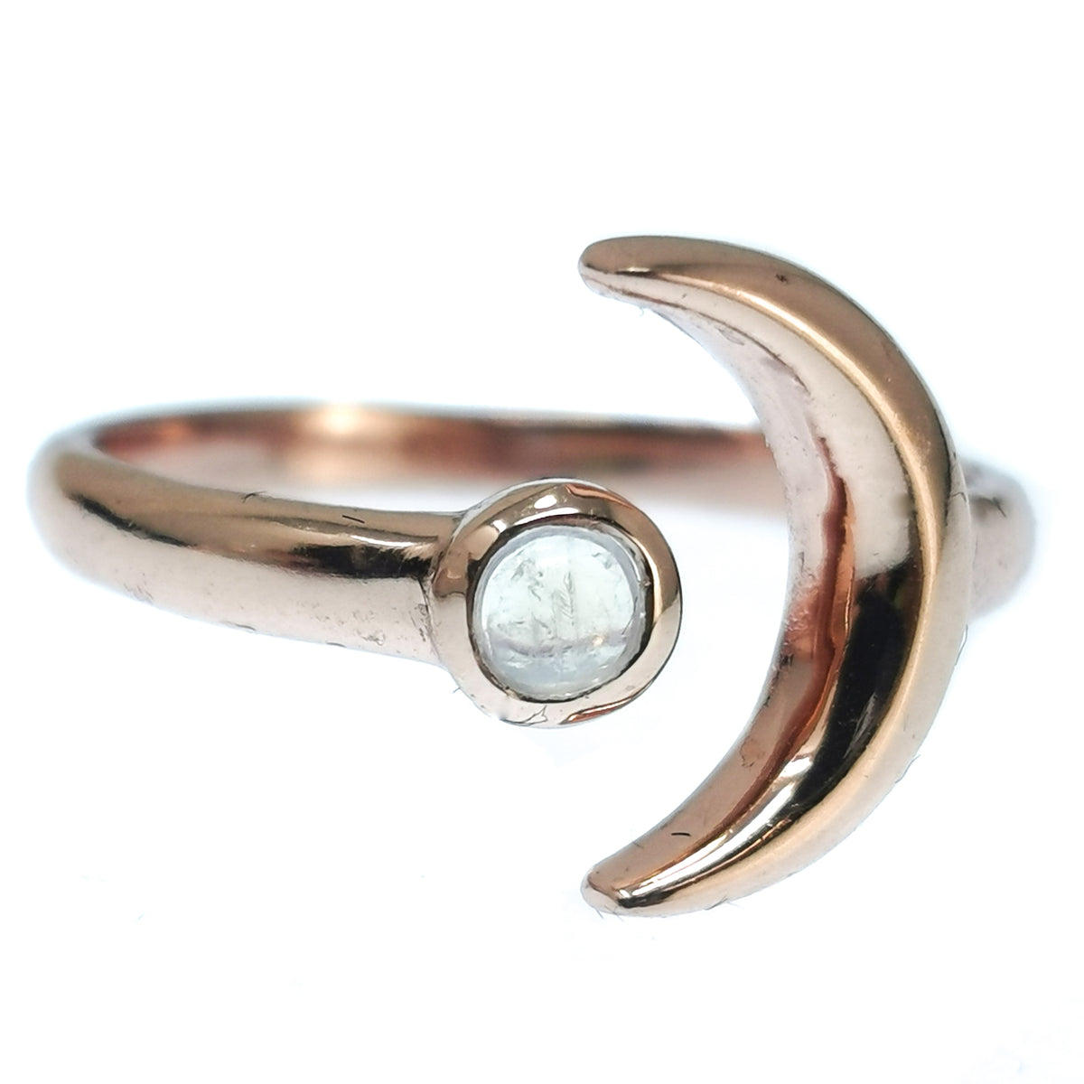 10kt Rose Gold Plated Moon ring in 10kt rose gold-plated sterling silver with Rainbow Moonstone (mined in India).