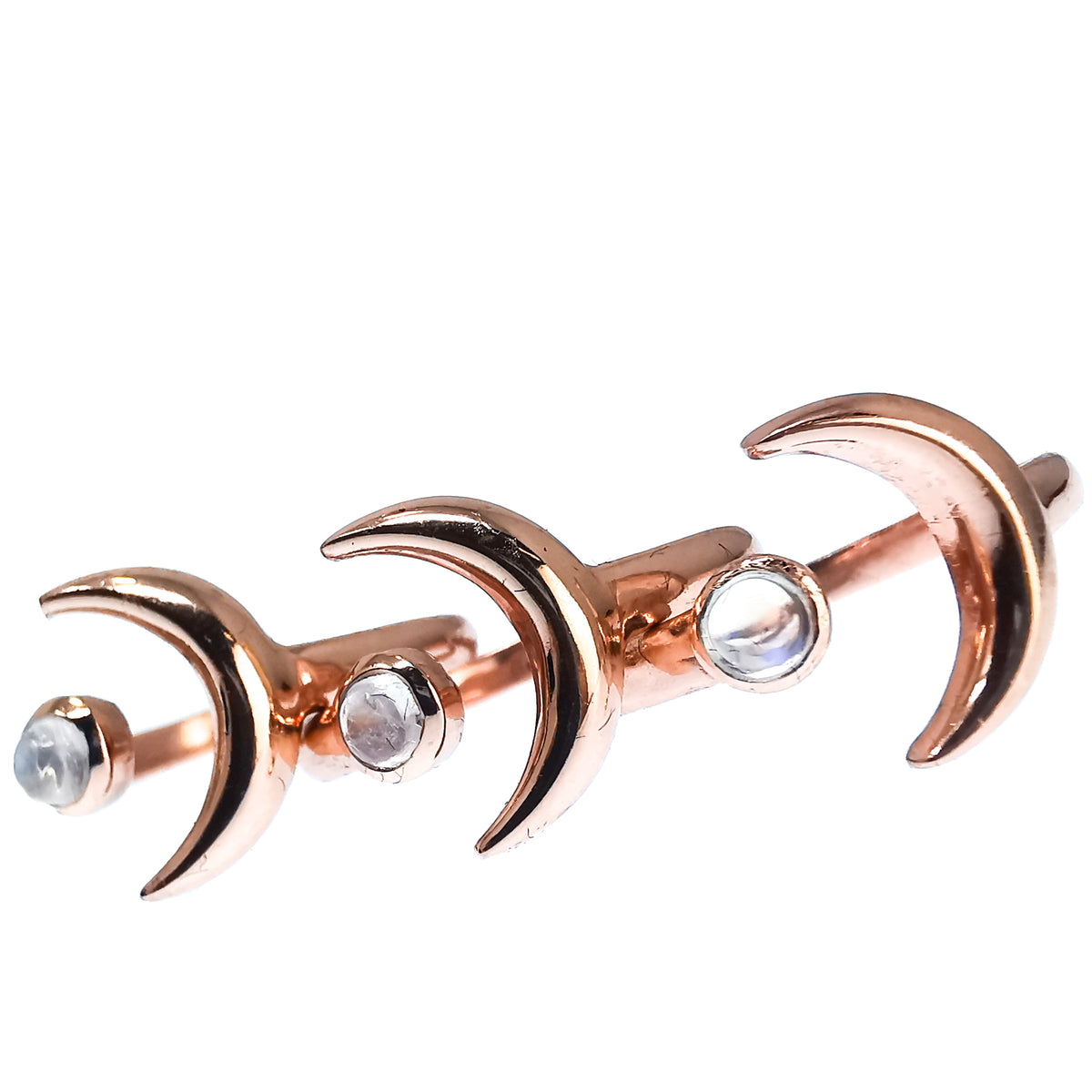 10kt Rose Gold Plated Moon ring in 10kt rose gold-plated sterling silver with Rainbow Moonstone (mined in India).