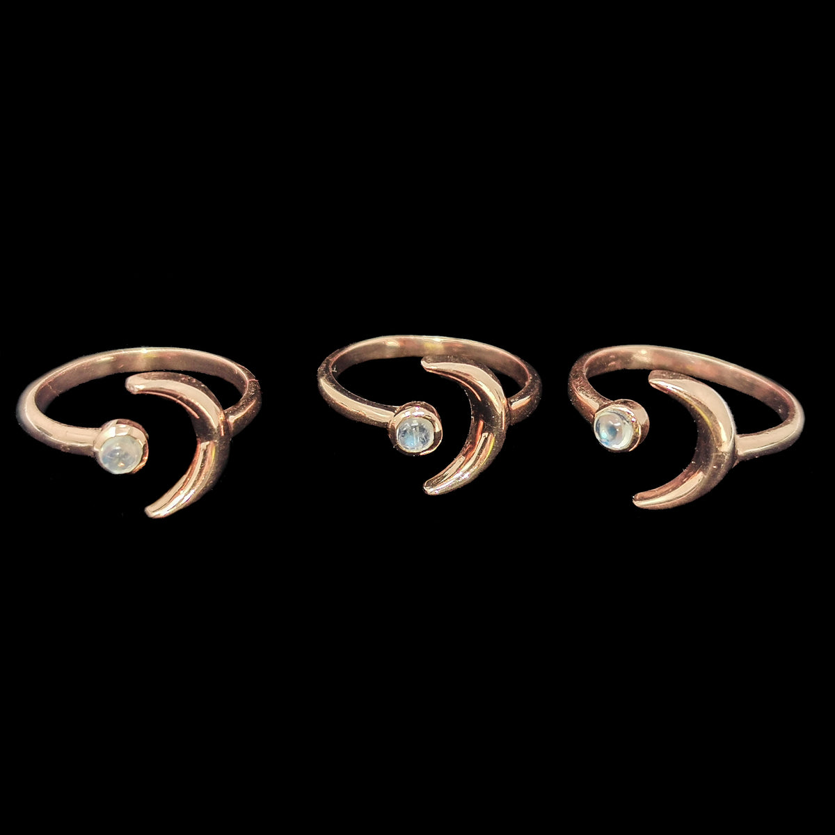 10kt Rose Gold Plated Moon ring in 10kt rose gold-plated sterling silver with Rainbow Moonstone (mined in India).