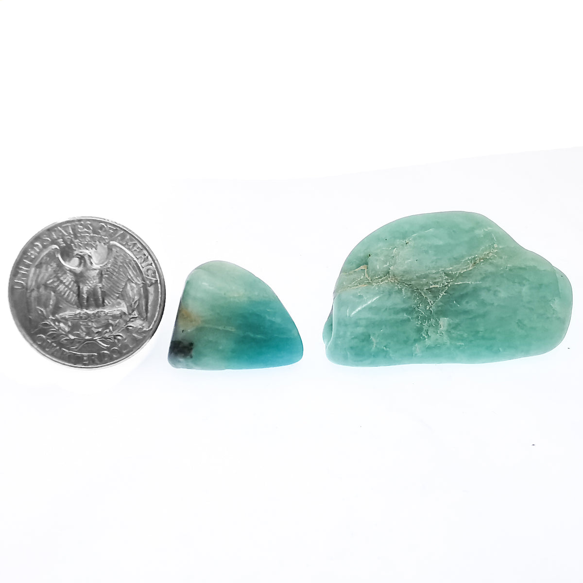 Amazonite tumble from Madagascar – tumbles beside a coin for scale