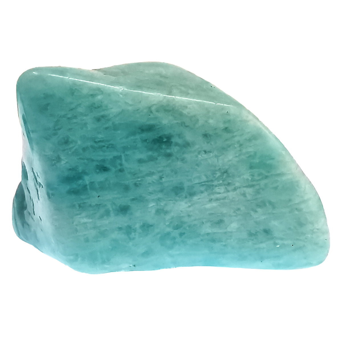 Amazonite tumble, a variety of microcline feldspar, from Madagascar.