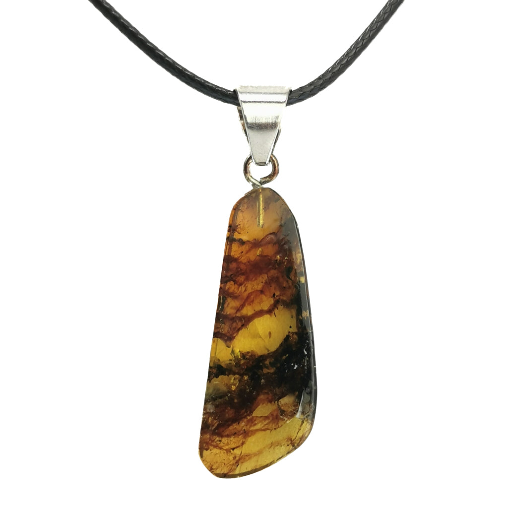 Amber pendant in silver-plated base metal.