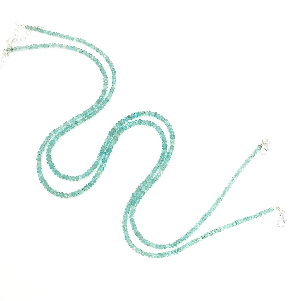 Blue Apatite facet bead necklace in sterling silver and steel wire.