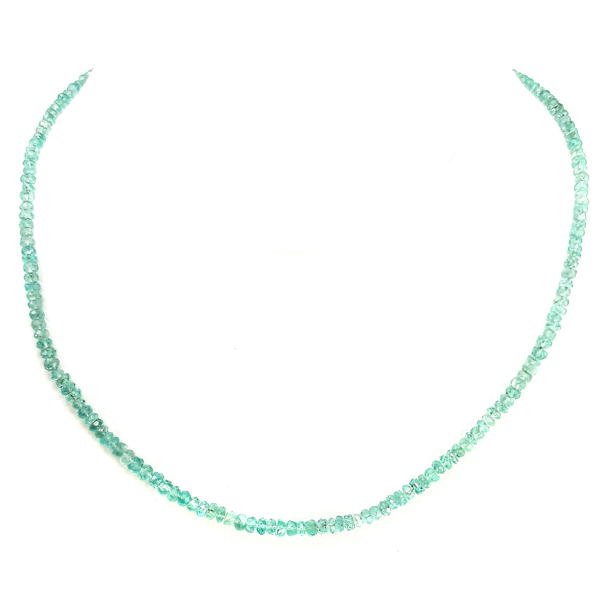 Blue Apatite facet bead necklace in sterling silver and steel wire.