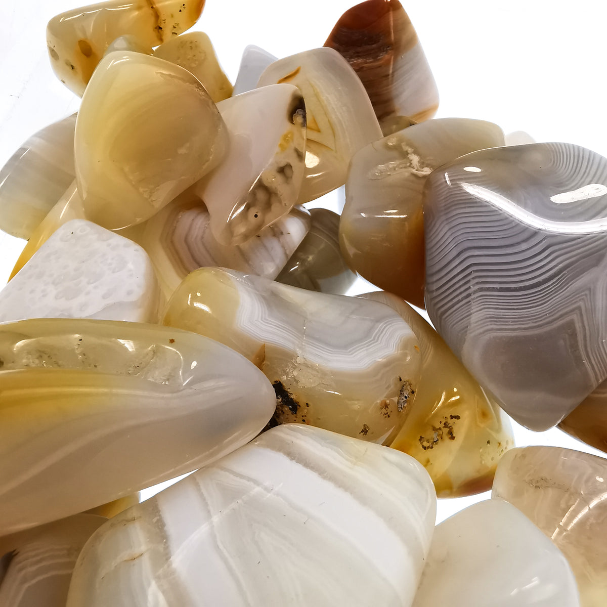 Banded Agate tumble, a variety of chalcedony, from Madagascar.