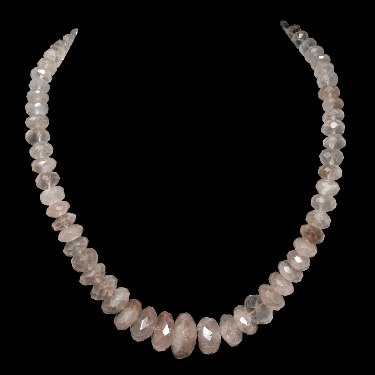 Rose Quartz large facet gradient bead necklace in sterling silver and steel wire.