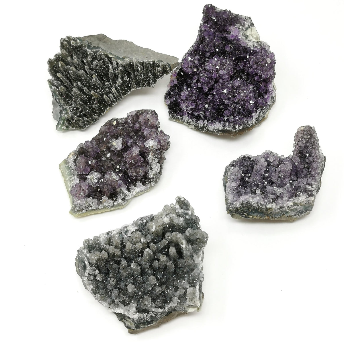 Black amethyst druzy from Uruguay – group of specimens