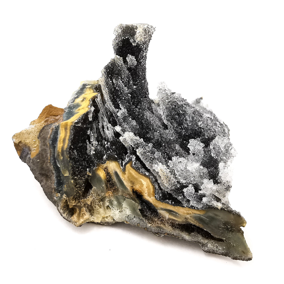 Black amethyst druzy from Uruguay – specimen, side view
