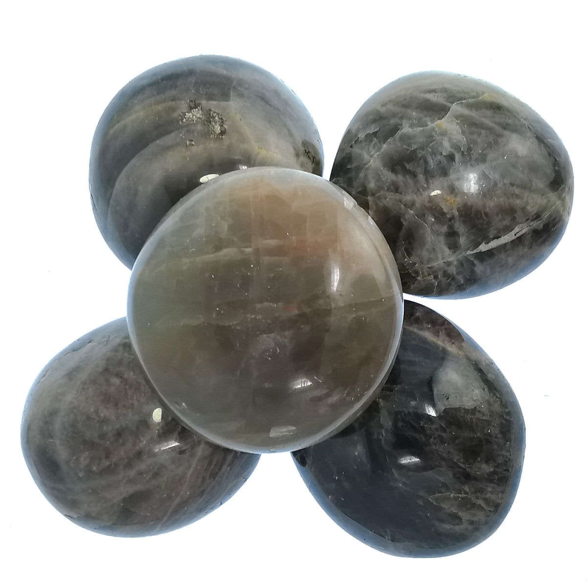 Black Moonstone palm stone, a feldspar, from Madagascar.