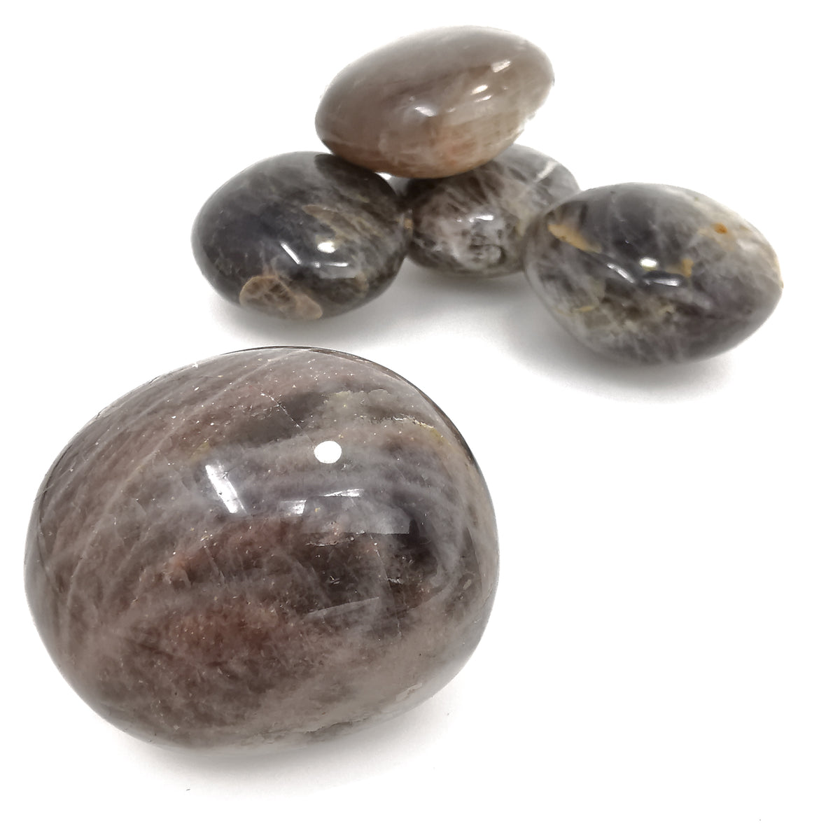 Black Moonstone palm stone, a feldspar, from Madagascar.
