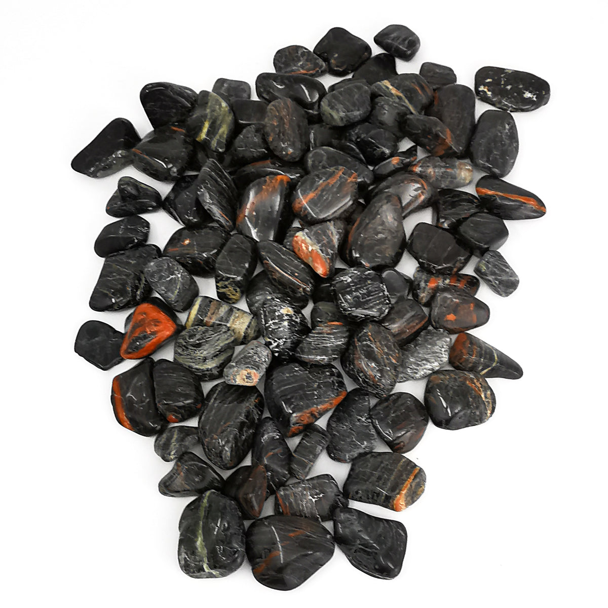 Black Tourmaline B-grade tumble, a tourmaline group mineral, from Brazil.