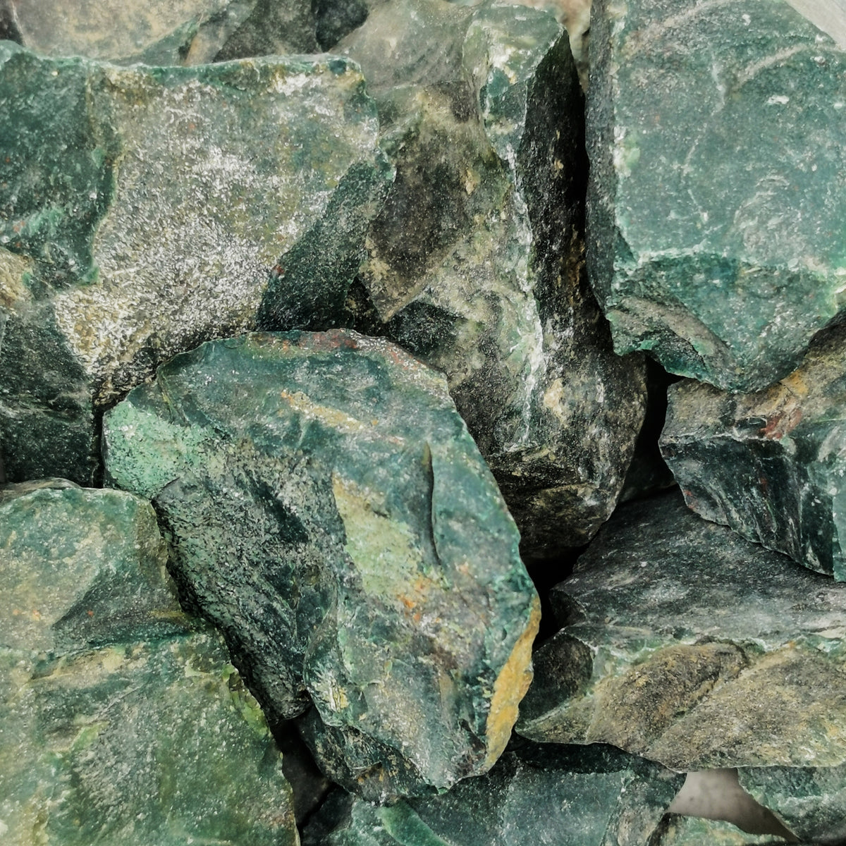 Bloodstone (Heliotrope) rough, a variety of chalcedony, from India.