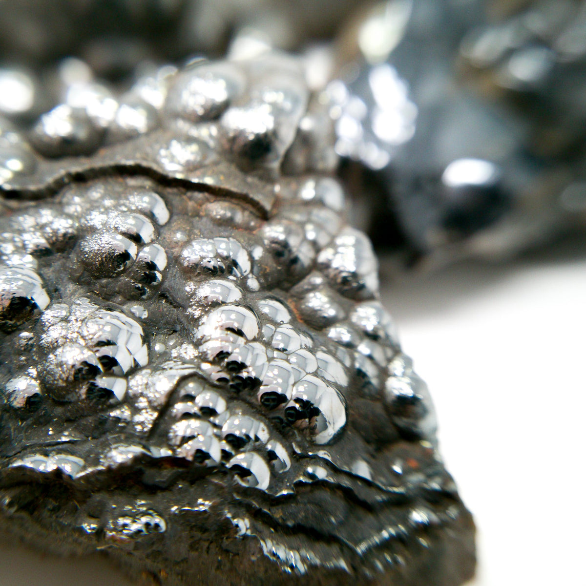 Botryoidal hematite from Irhoud Mine, Morocco – close-up of metallic lustre