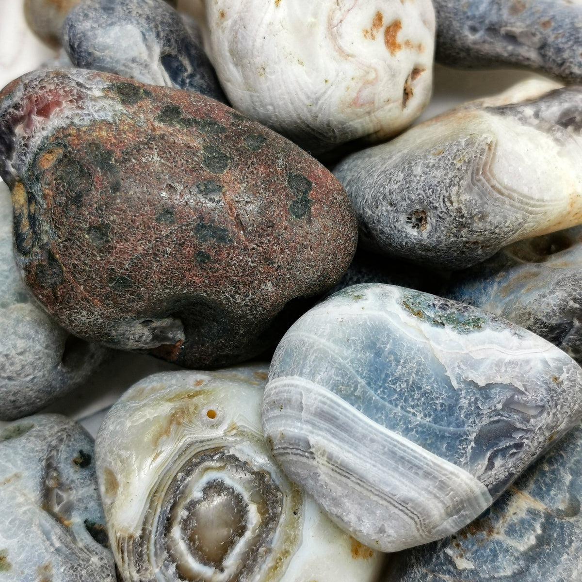 Botswana Agate semi tumbled rough, a variety of chalcedony.