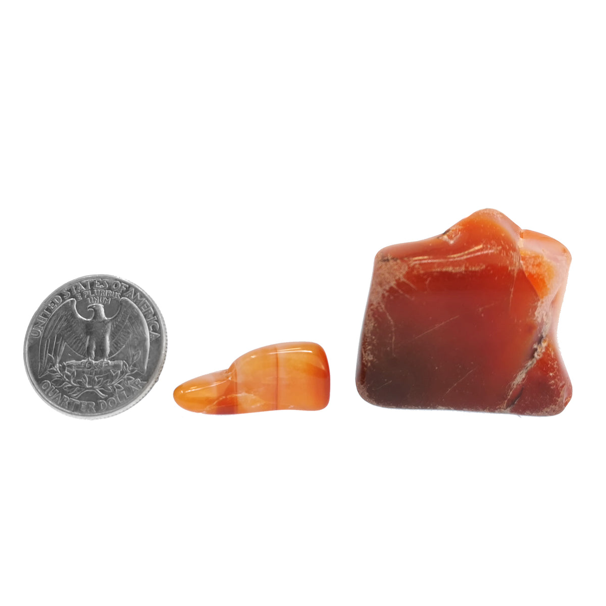 Carnelian B-grade tumble, a variety of chalcedony, from Ambato-Boeni District, Mahajanga Province, Madagascar.