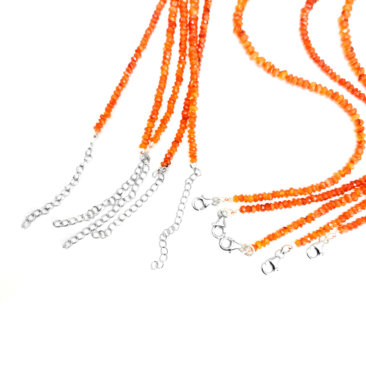 Carnelian facet bead necklace in sterling silver and steel wire.