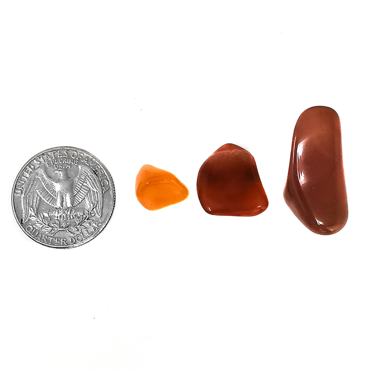 Carnelian A-grade tumble, a variety of chalcedony, from Ambato-Boeni District, Mahajanga Province, Madagascar.