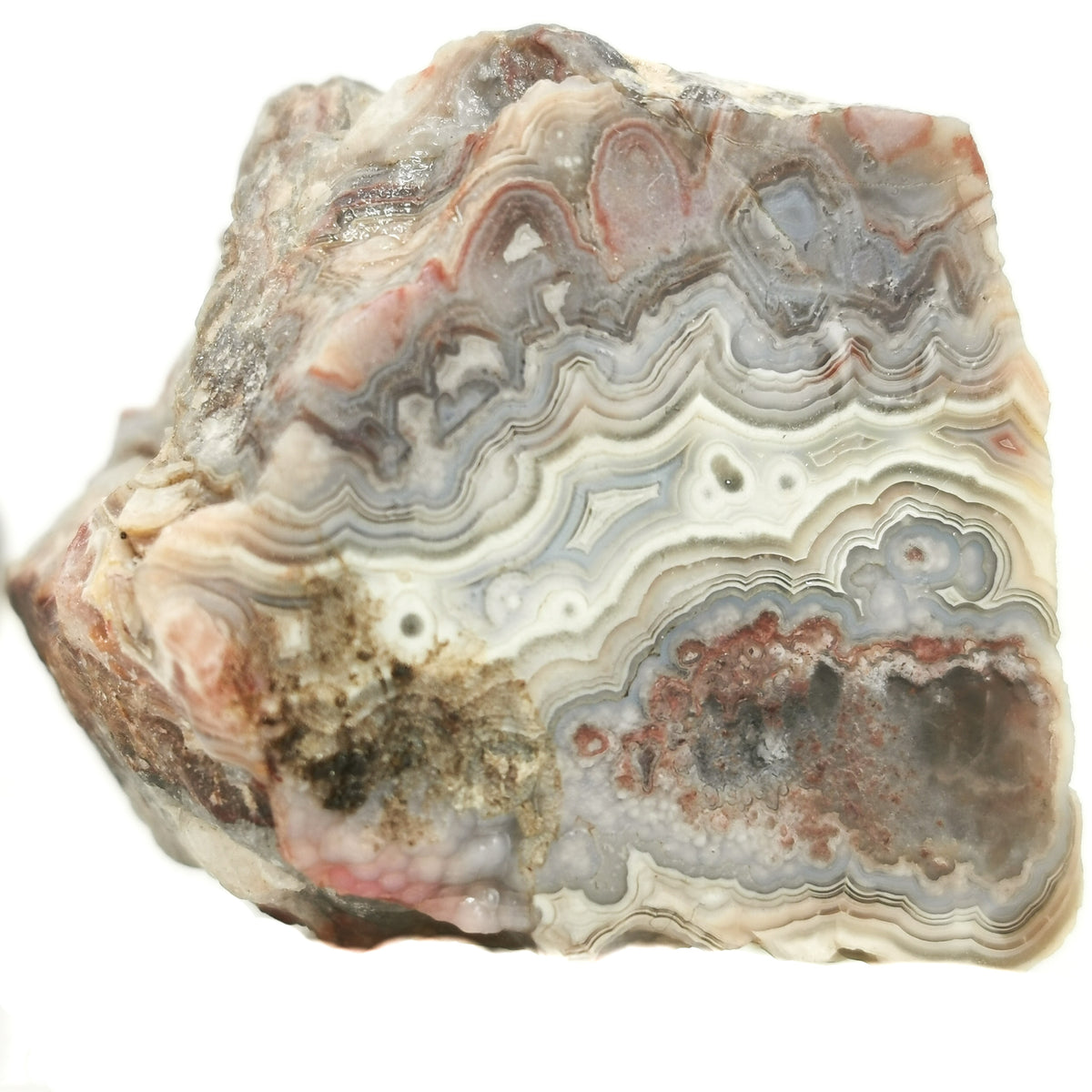 Crazy Lace Agate rough, a variety of chalcedony, from Chihuahua, Mexico.