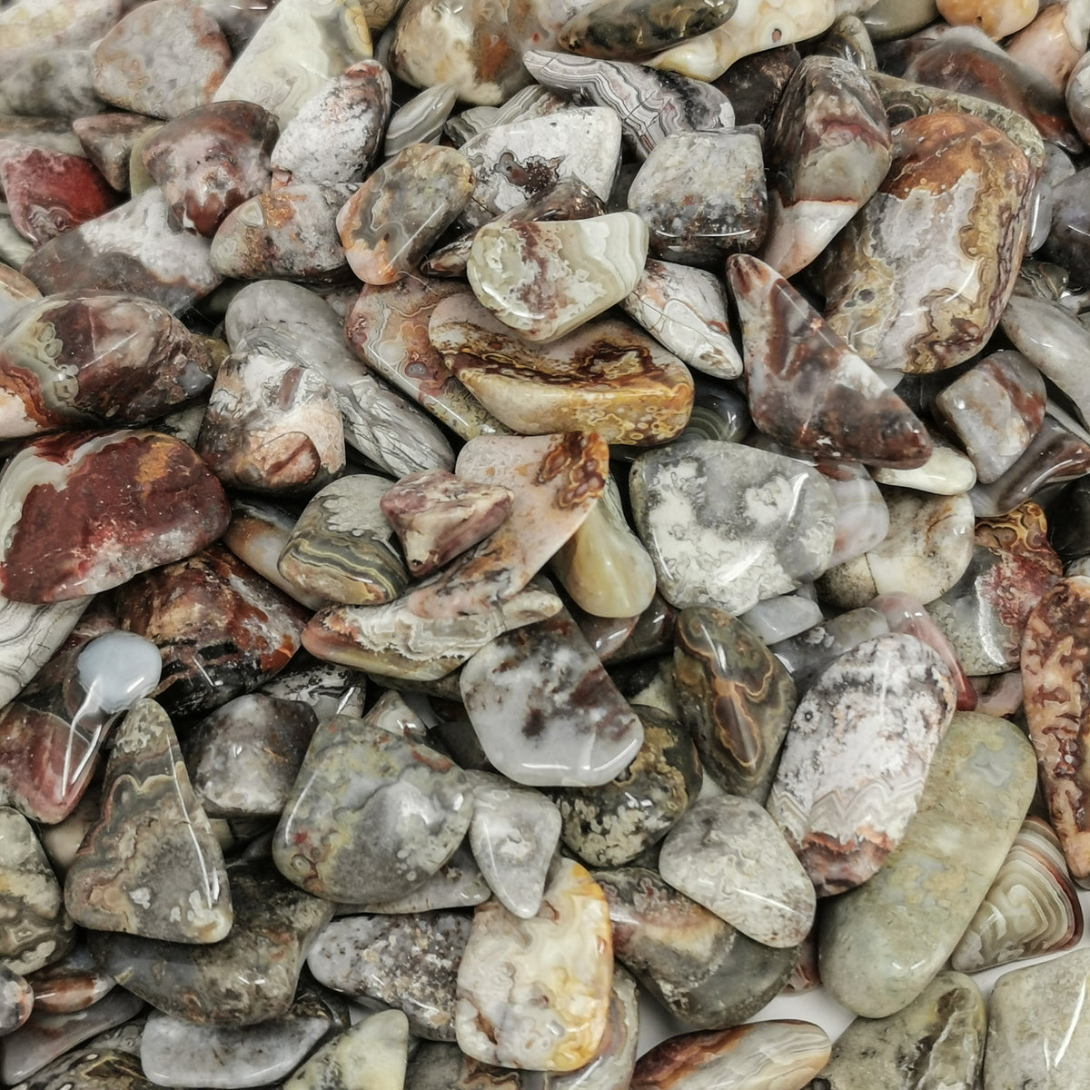 Crazy Lace Agate tumble, a variety of chalcedony, from Mexico.