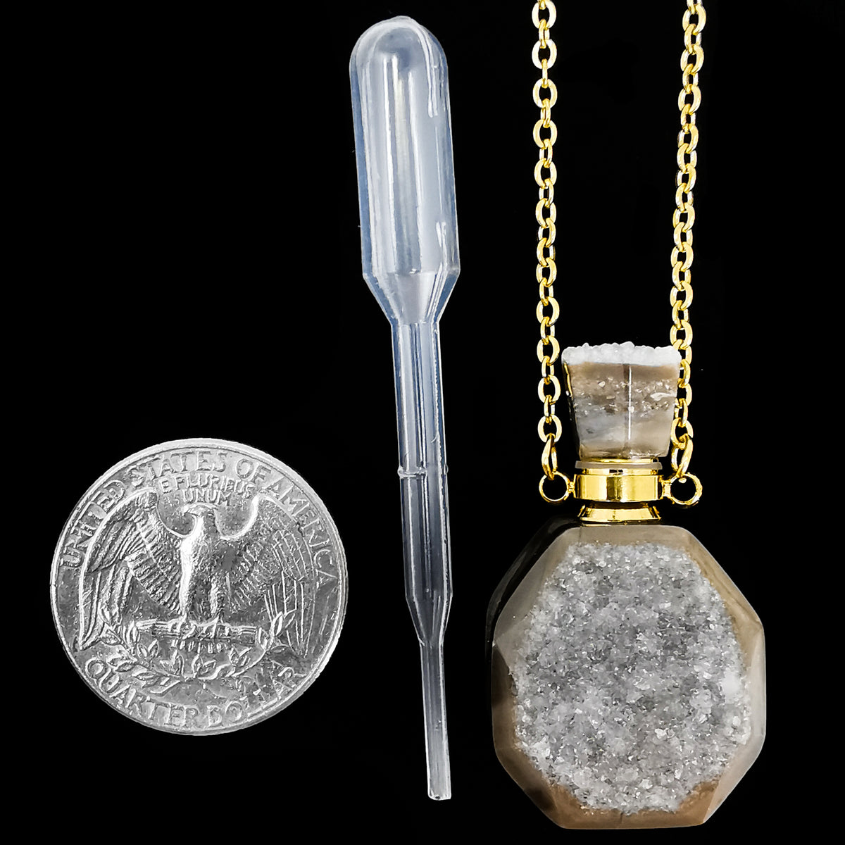 Quartz Druzy perfume bottle pendant in gold- or silver-plated base metal.