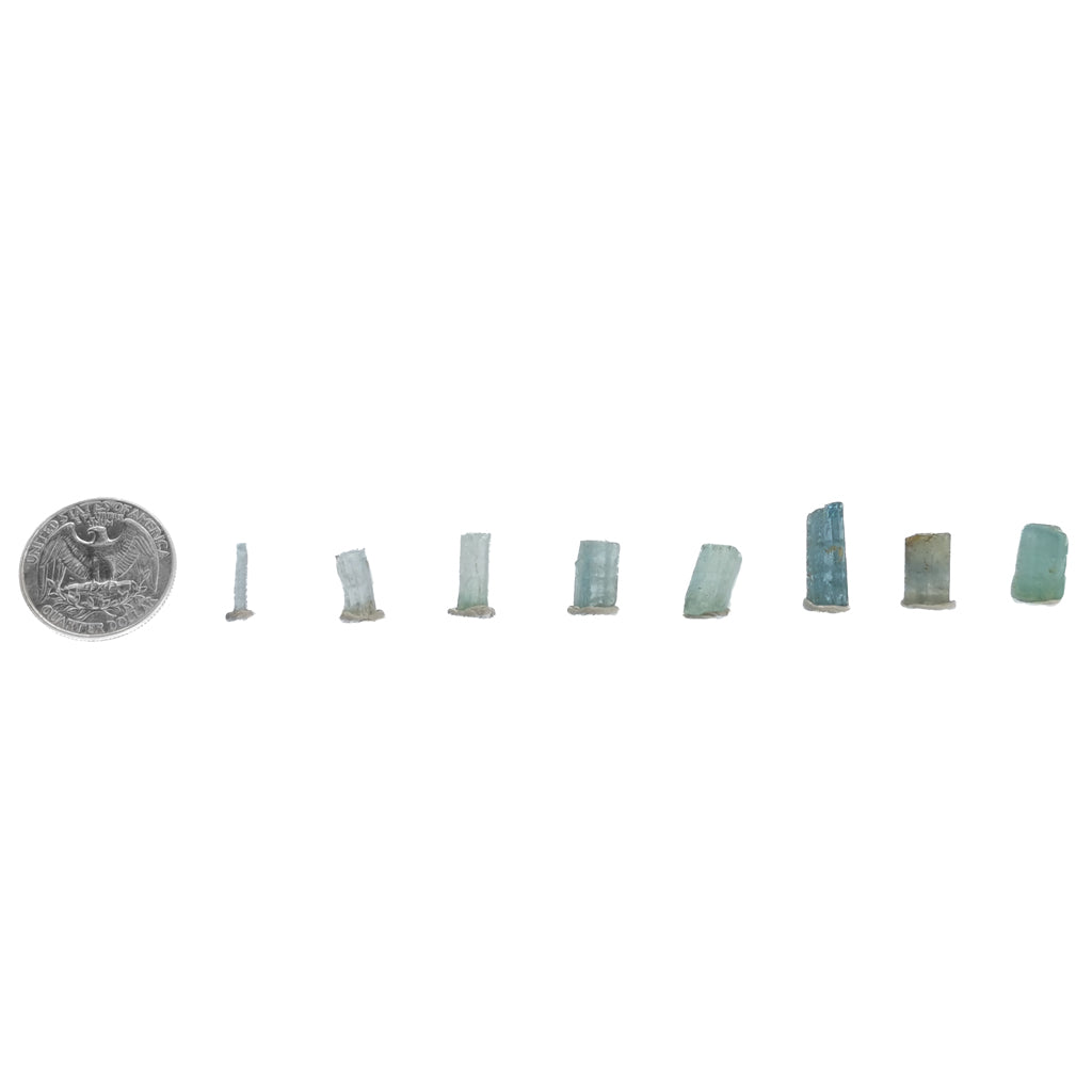 Emerald crystal from Nigeria – size range beside a coin for scale