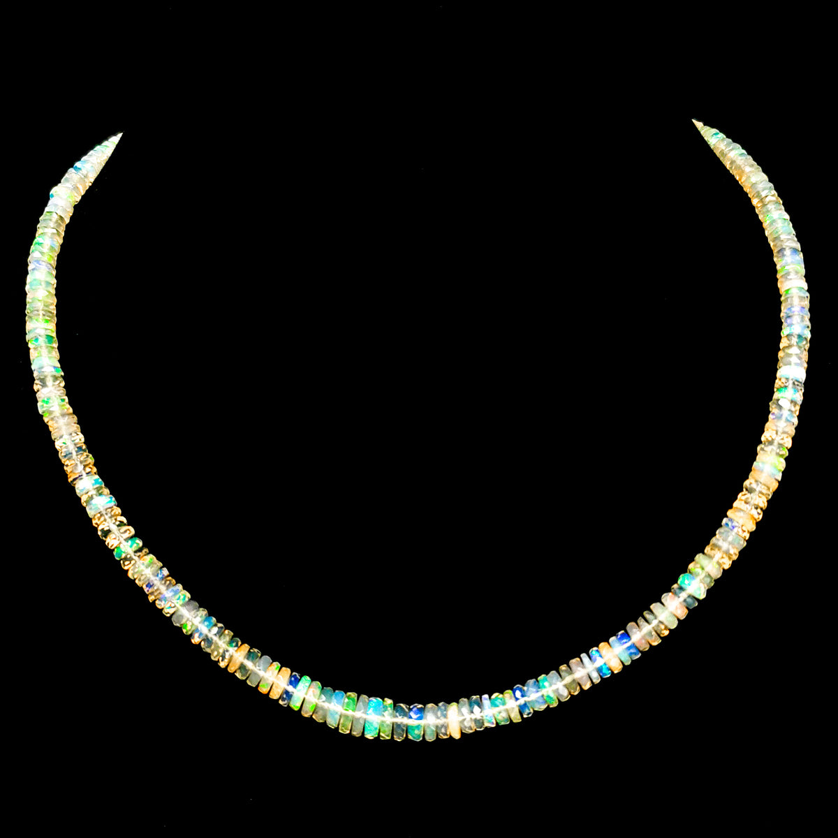 Ethiopian Opal White facet bead necklace in steel wire.