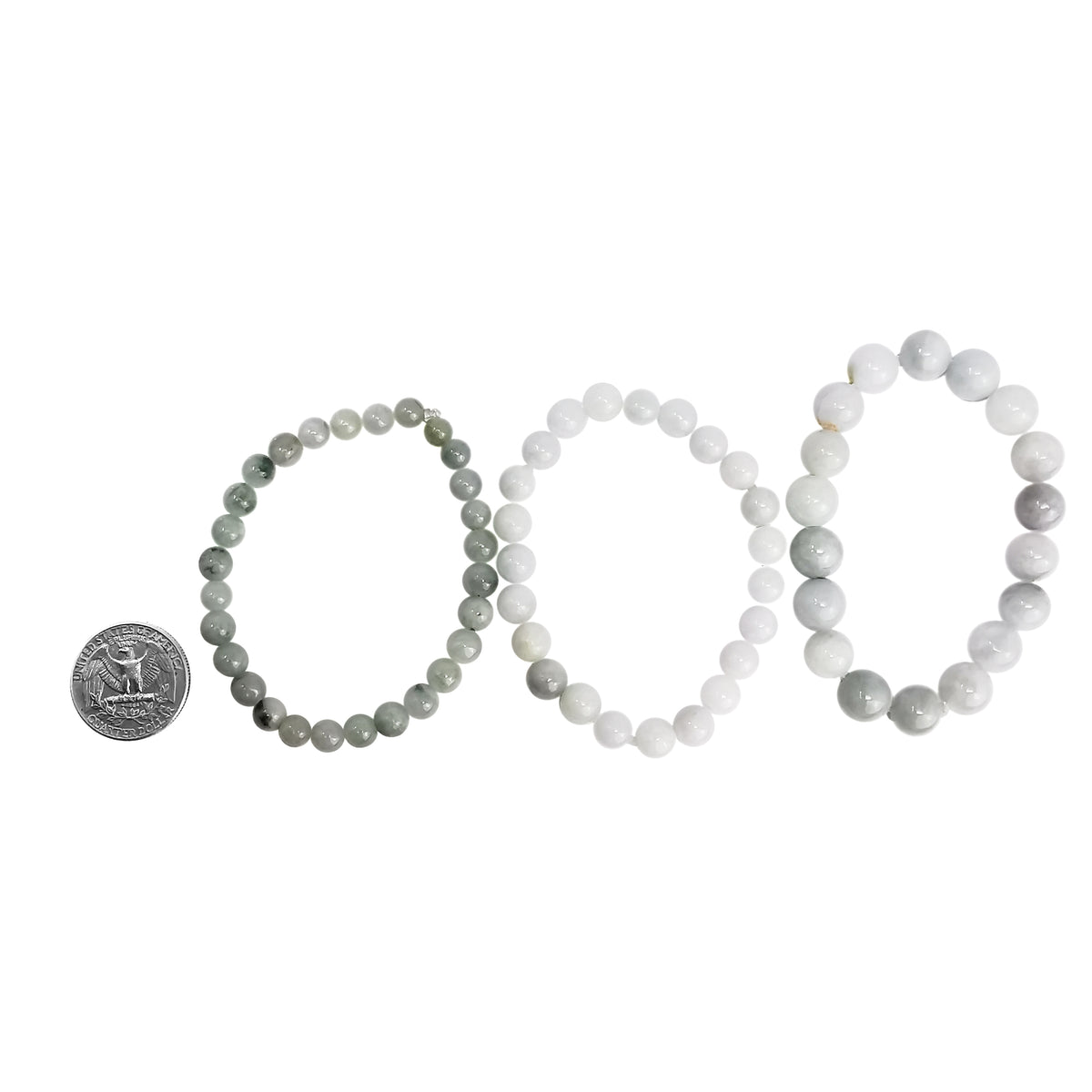 Jadeite blanche bead bracelet: three sizes beside a coin