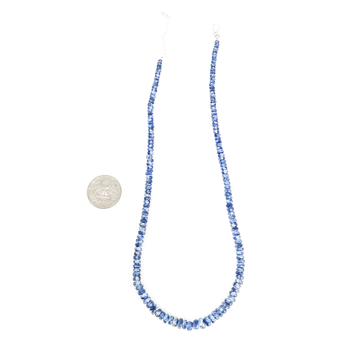 Kyanite facet bead necklace in sterling silver and steel wire.