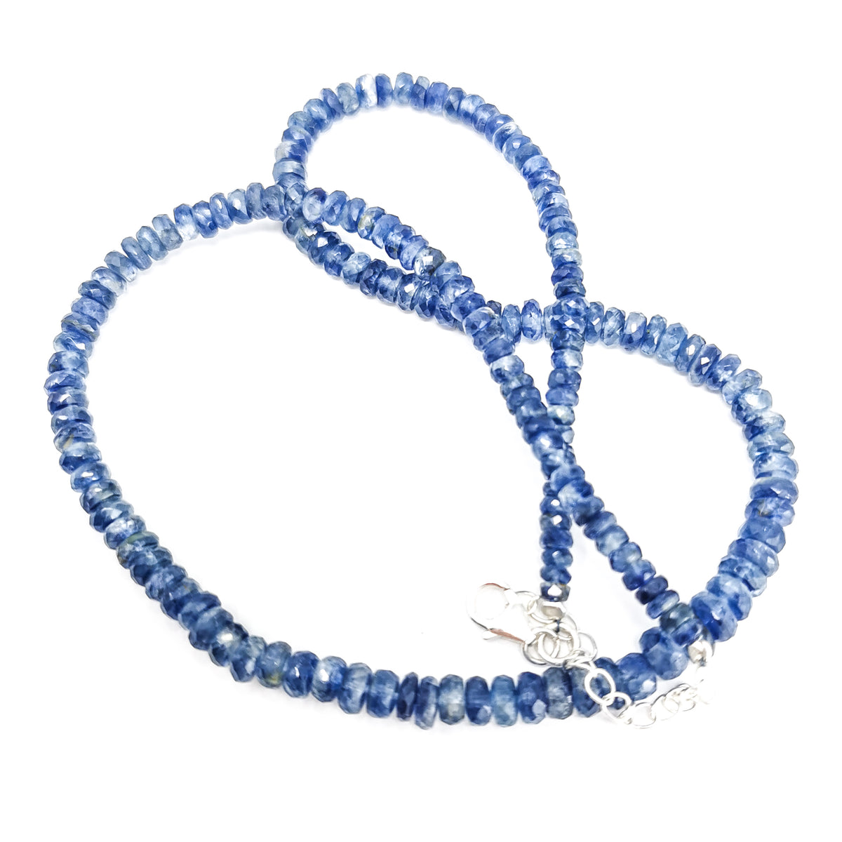 Kyanite facet bead necklace in sterling silver and steel wire.