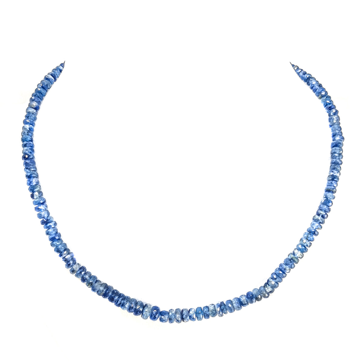 Kyanite facet bead necklace in sterling silver and steel wire.