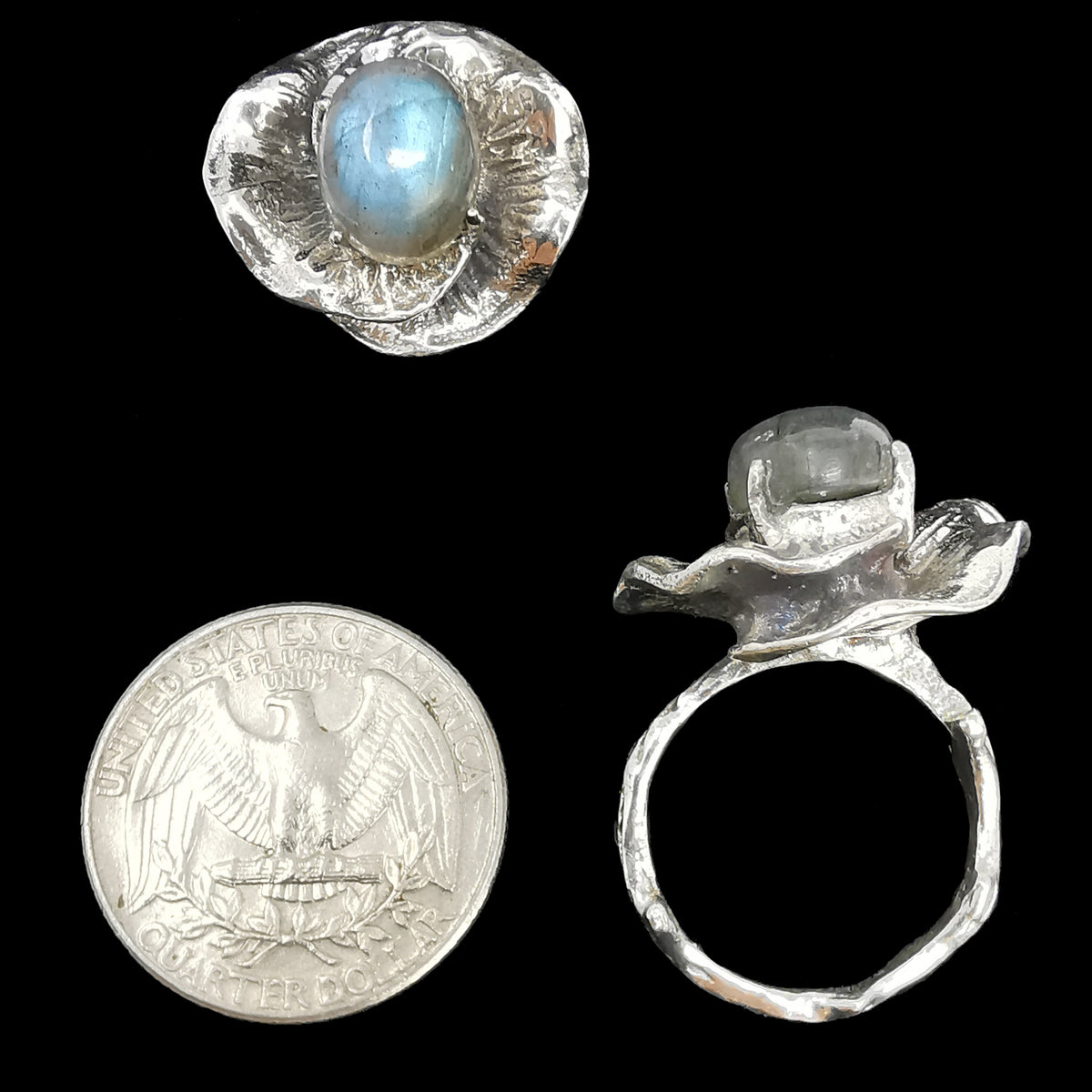 Labradorite Lily Pad ring in sterling silver.