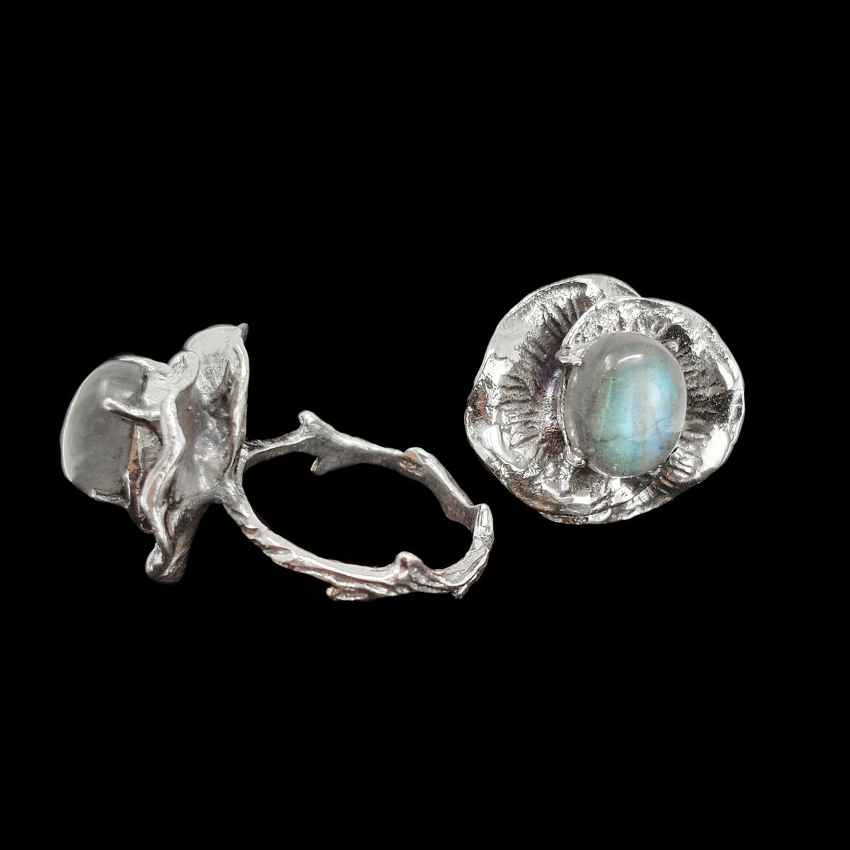 Labradorite Lily Pad ring in sterling silver.