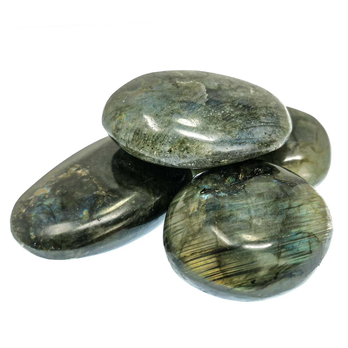 Labradorite palm stones, a feldspar, from Bokonaky, Maniry, Madagascar.