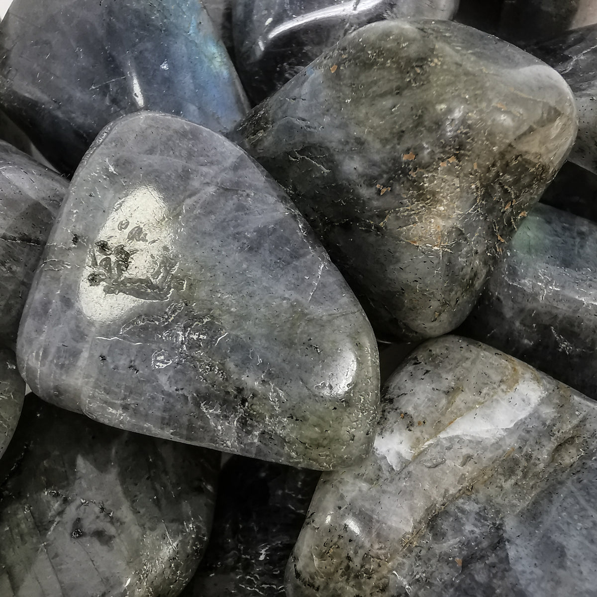 Labradorite tumble, a feldspar, from Madagascar.