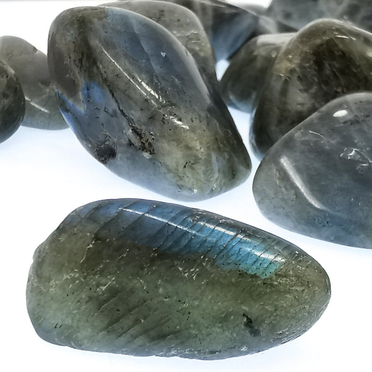 Labradorite tumble, a feldspar, from Madagascar.