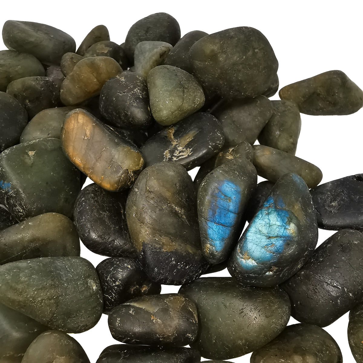 Labradorite matte tumble, a feldspar, from Madagascar.