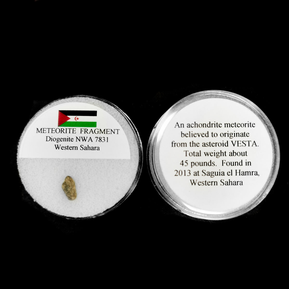 Diogenite NWA 7831 Meteorite fragment in capsule found near Chouichiyat, Saguia el Hamra, Western Sahara (2013).