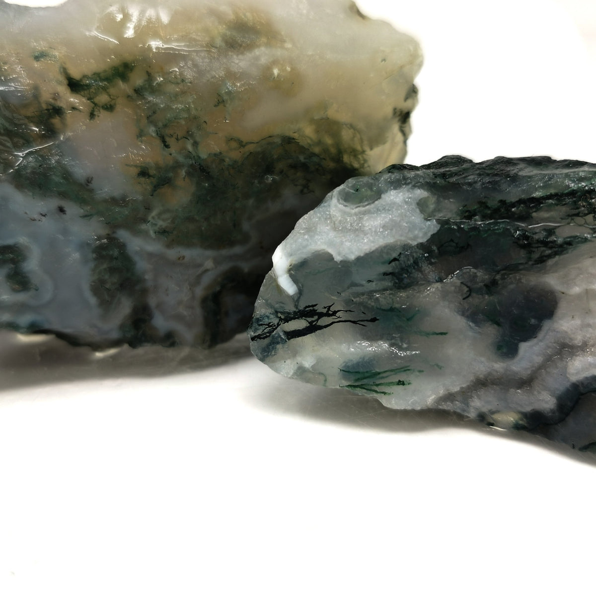 Moss Agate rough, a variety of chalcedony, from India.