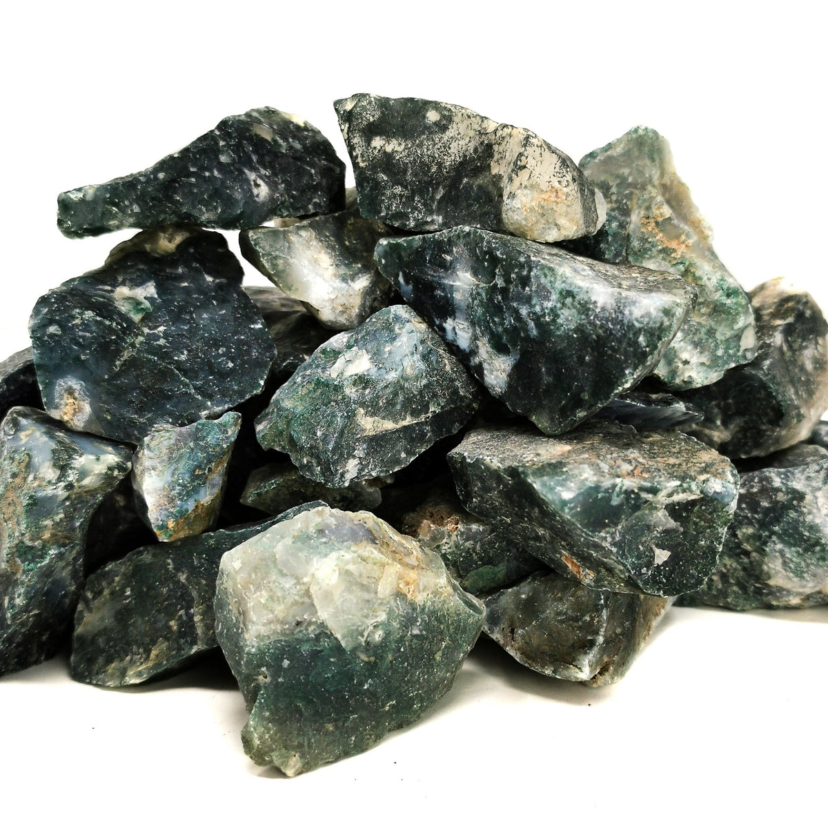 Moss Agate rough, a variety of chalcedony, from India.