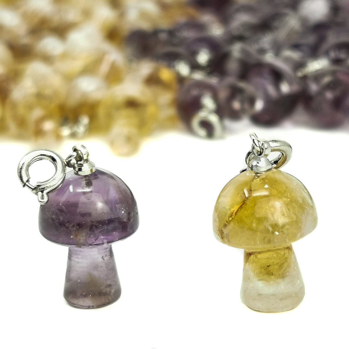 Mini mushroom charm – two charms, close view