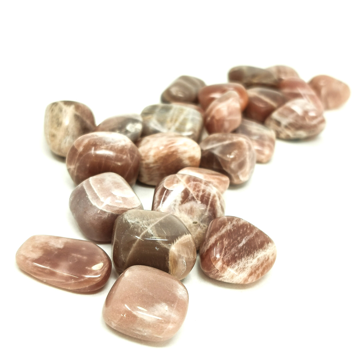 Peach moonstone tumble from Madagascar – spread of tumbles