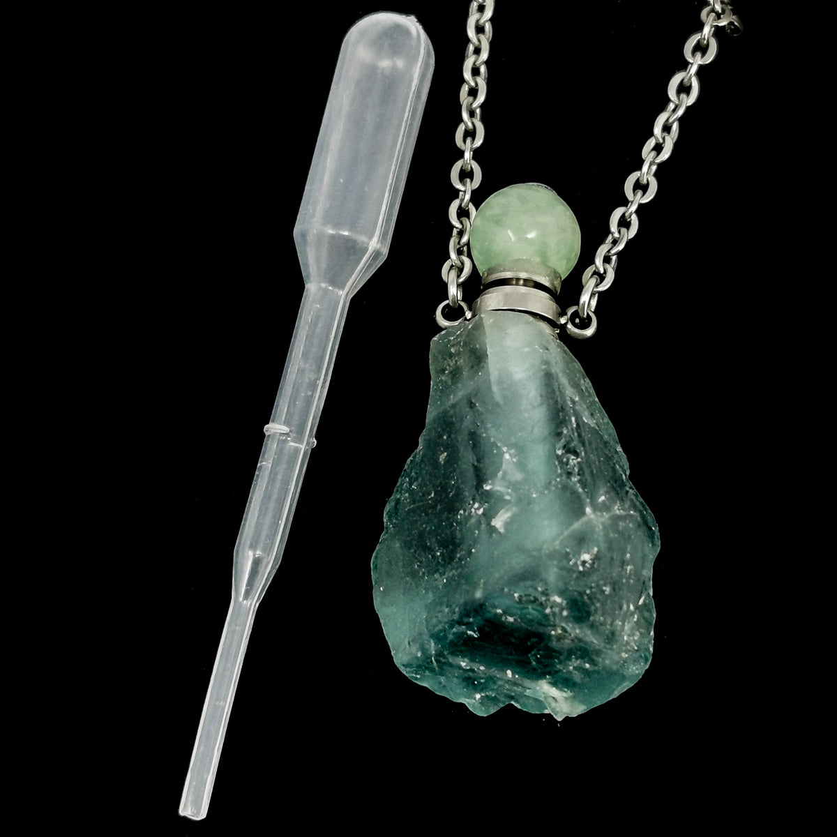 Raw Stone perfume bottle pendant in plated steel with Fluorite.