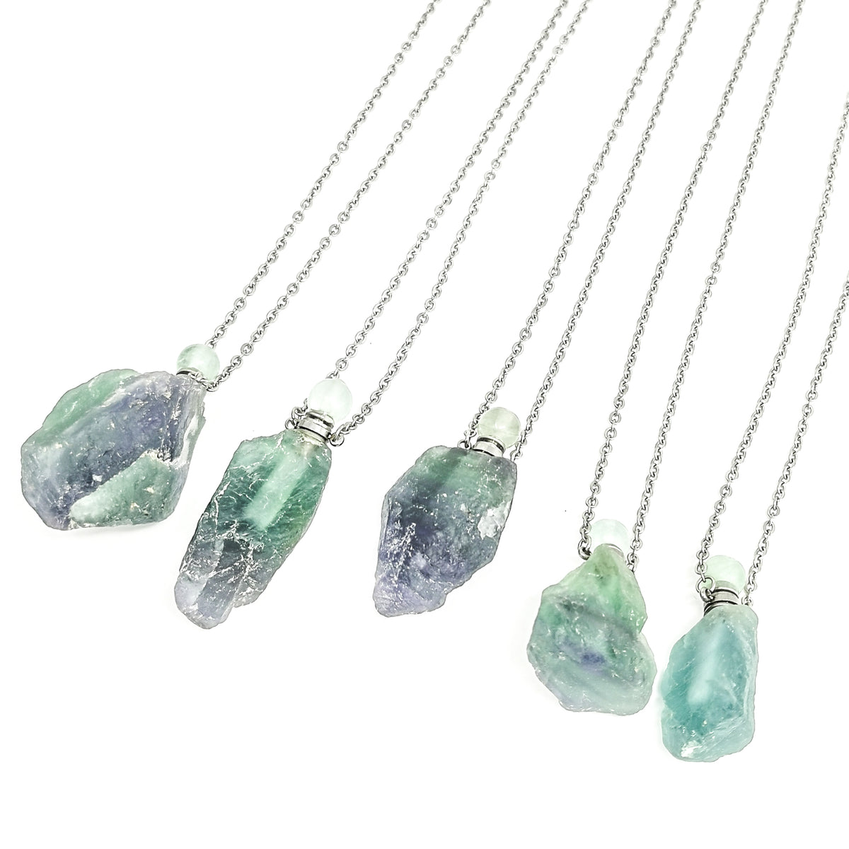 Raw Stone perfume bottle pendant in plated steel with Fluorite.