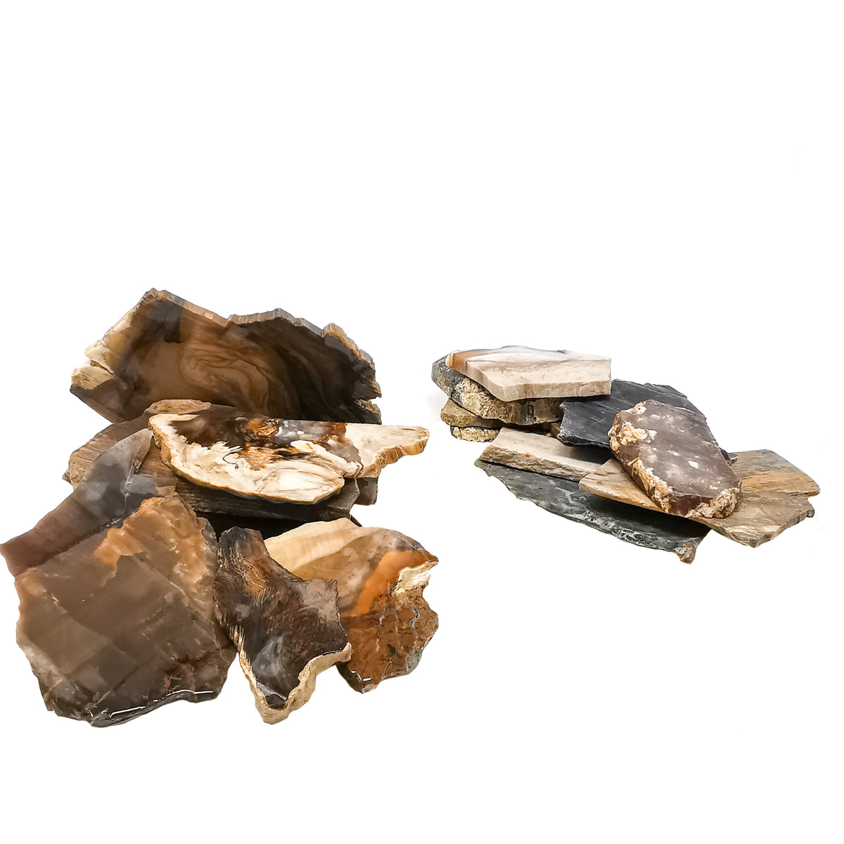 Assorted petrified wood slab – two piles of slabs