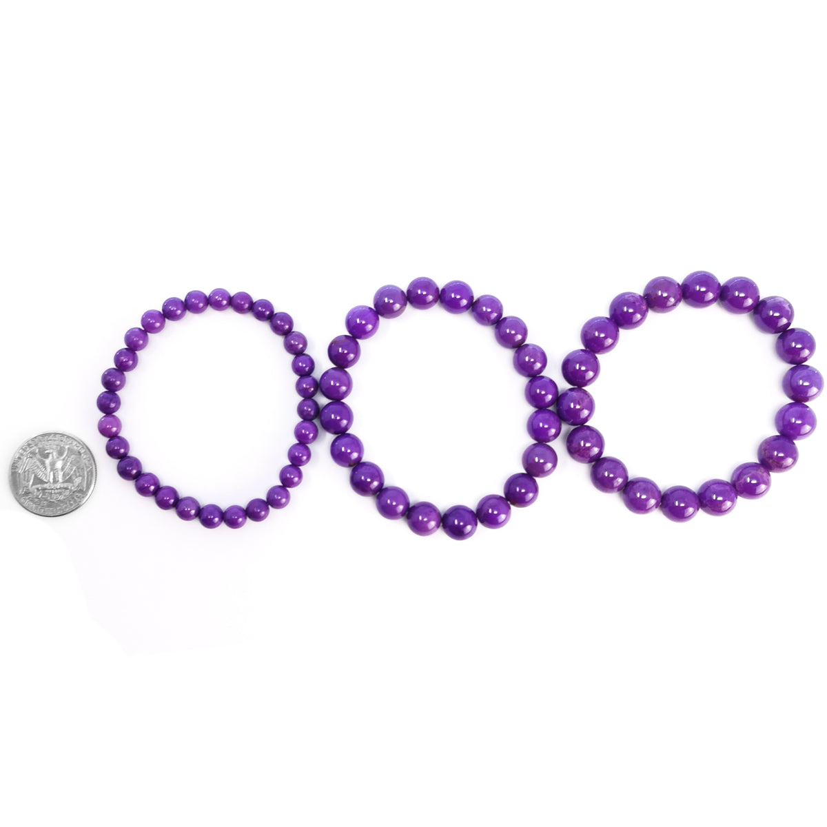 Phosphosiderite bead bracelet – row of sizes with a coin