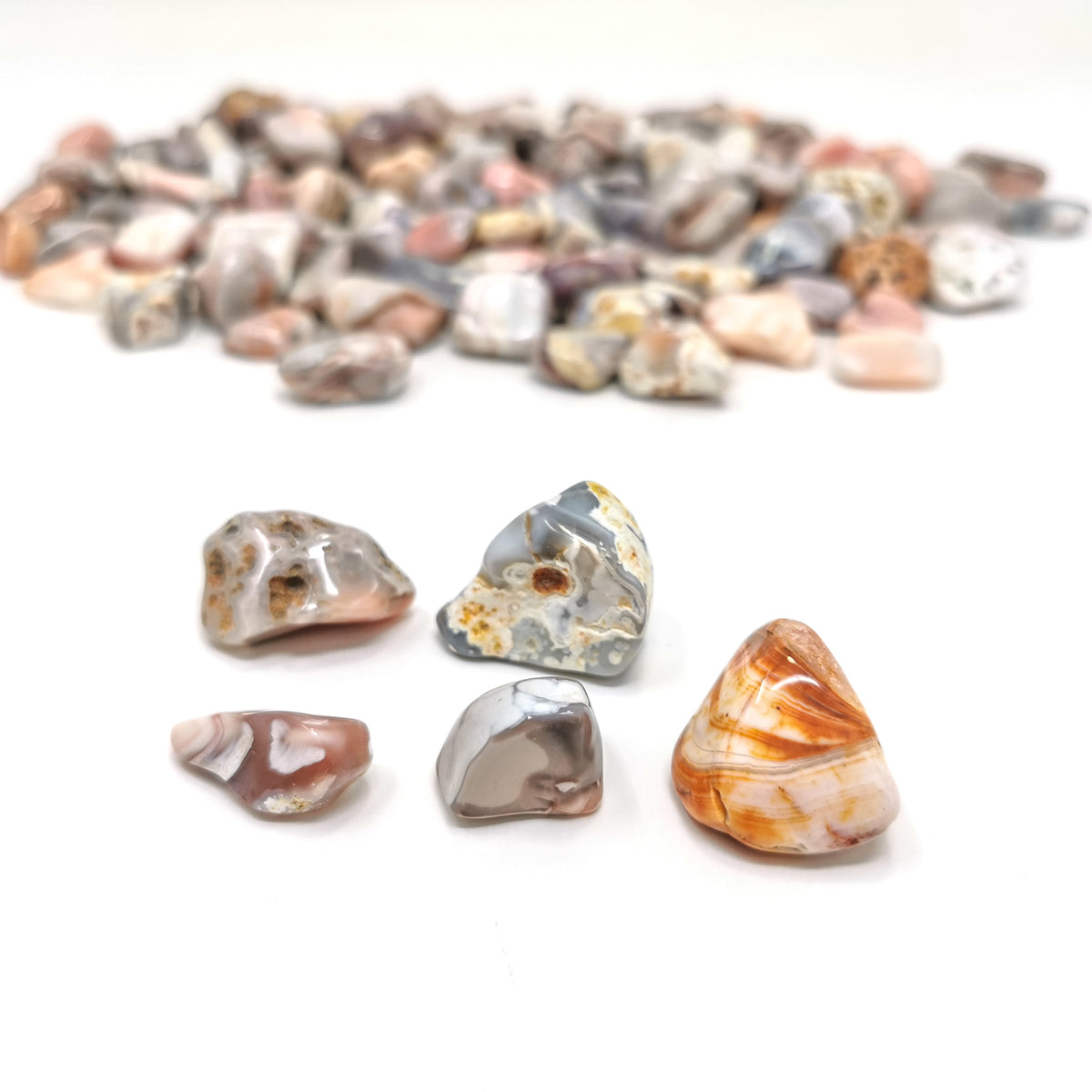 Pink Botswana Agate tumble, a variety of chalcedony, from Botswana.